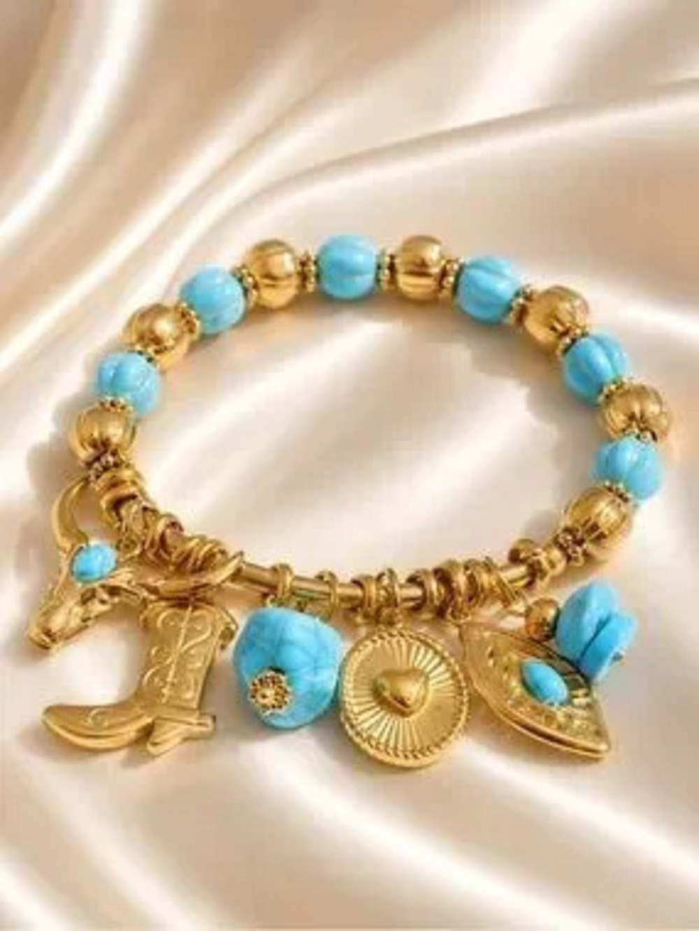 Western Turquoise Charm Gold Cowboy Boot Heart Medallion Boho Luxe Bracelet